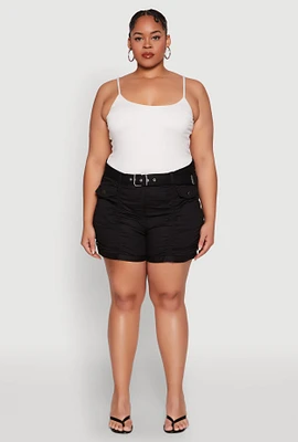 Womens Plus Size Ruched Belted Shorts, Black, Size 2X