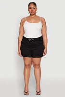 Womens Plus Size Ruched Belted Shorts, Black, Size 2X