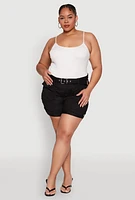Womens Plus Size Ruched Belted Shorts, Black, Size 2X