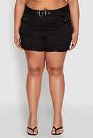 Womens Plus Size Ruched Belted Shorts, Black, Size 2X