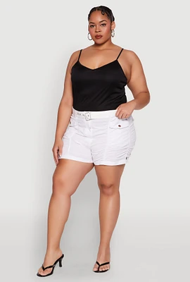 Womens Plus Size Ruched Belted Shorts, White, Size 1X
