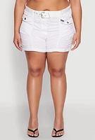 Womens Plus Size Ruched Belted Shorts, White, Size 1X
