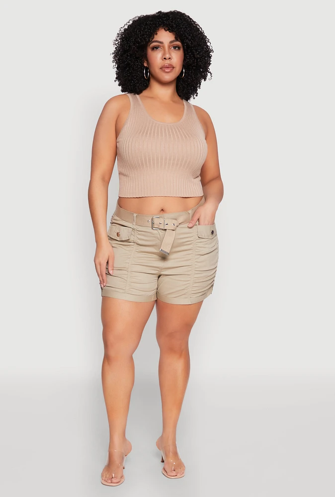 Womens Plus Ruched Belted Shorts, 2X