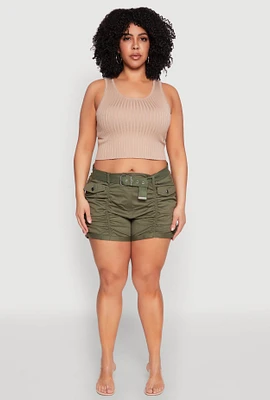 Womens Plus Size Ruched Belted Shorts, Green, Size 2X
