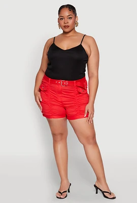Womens Plus Size Ruched Belted Shorts, Red, Size 3X