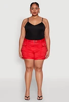 Womens Plus Size Ruched Belted Shorts, Red, Size 2X