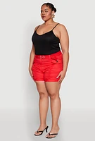 Womens Plus Size Ruched Belted Shorts, Red, Size 2X