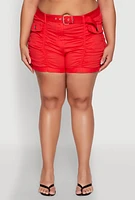 Womens Plus Size Ruched Belted Shorts, Red, Size 3X