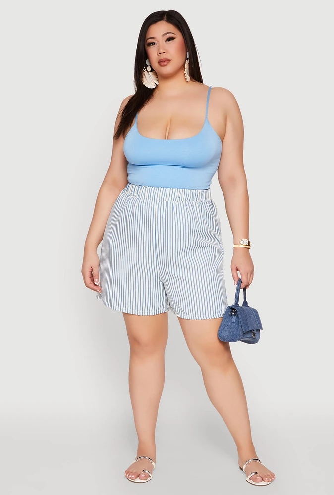 Womens Plus Size High Waisted Striped Shorts, Blue, Size 1X