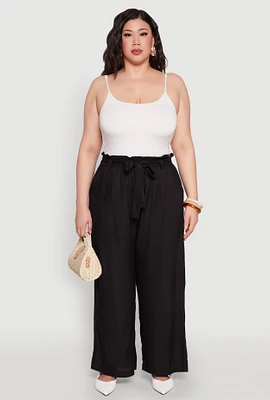 Womens Plus Paper Bag Waist Belted Pants,