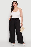 Womens Plus Paper Bag Waist Belted Pants,