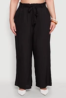 Womens Plus Paper Bag Waist Belted Pants,