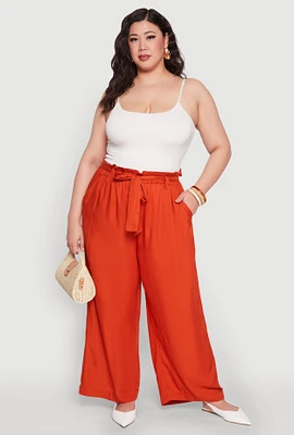 Womens Plus Paper Bag Waist Belted Pants,