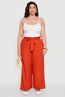 Womens Plus Paper Bag Waist Belted Pants, Orange,