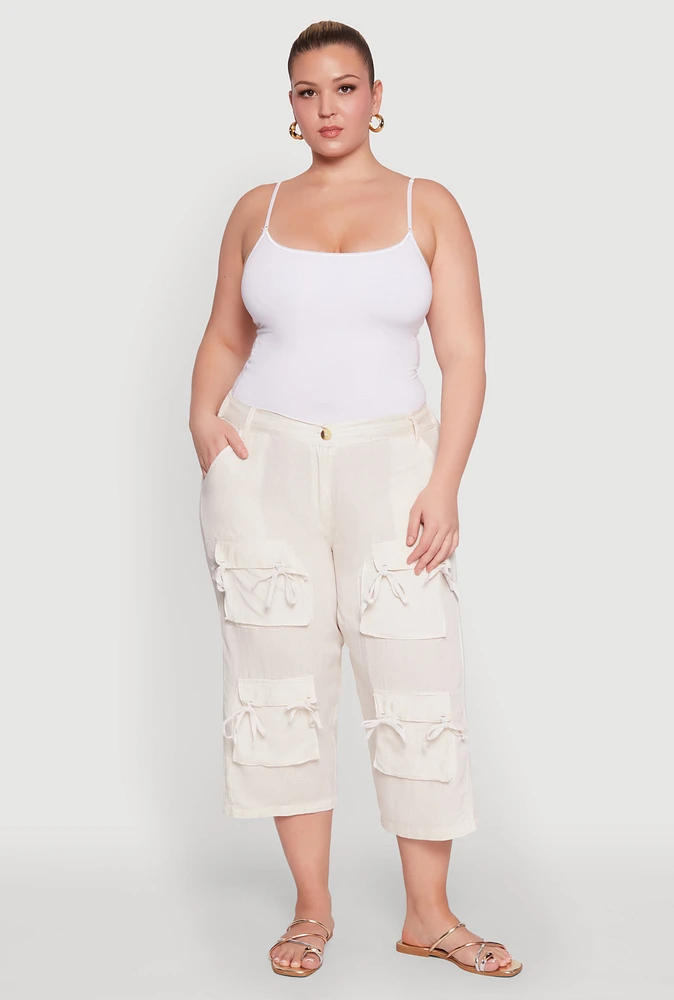 Womens Plus Size Tie Cargo Pocket Capri Pants, White, Size 3X