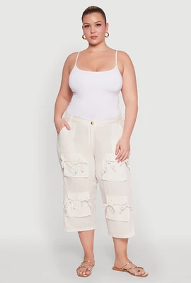 Womens Plus Size Tie Cargo Pocket Capri Pants, White, Size 3X