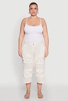 Womens Plus Size Tie Cargo Pocket Capri Pants, White, Size 3X