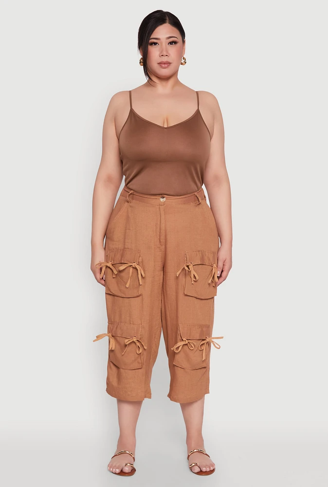 Womens Plus Tie Cargo Pocket Capri Pants,