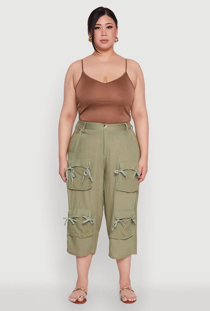 Womens Plus Tie Cargo Pocket Capri Pants, Green,