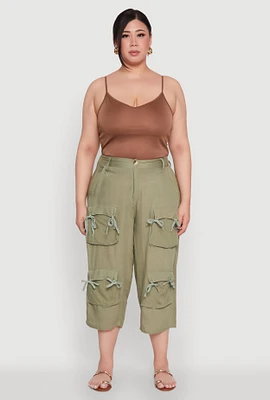 Womens Plus Tie Cargo Pocket Capri Pants, Green,