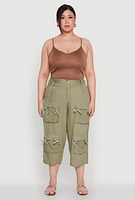 Womens Plus Tie Cargo Pocket Capri Pants, Green,