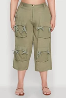 Womens Plus Tie Cargo Pocket Capri Pants, Green,