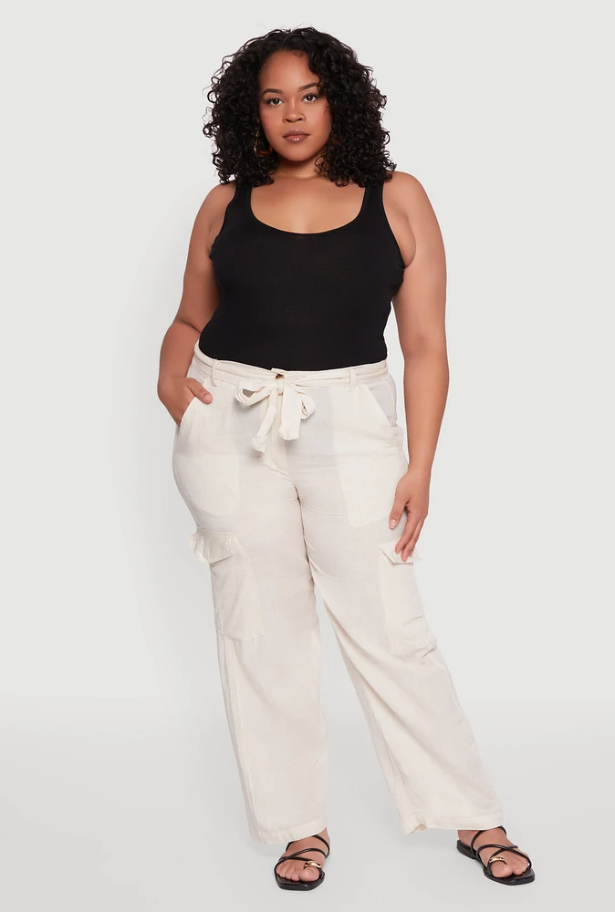 Womens Plus Size Linen Tie Waist Belted Cargo Pants, Khaki, Size 2X