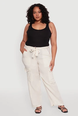 Womens Plus Size Linen Tie Waist Belted Cargo Pants, Khaki, Size 2X