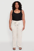 Womens Plus Size Linen Tie Waist Belted Cargo Pants, Khaki, Size 2X