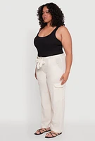Womens Plus Size Linen Tie Waist Belted Cargo Pants, Khaki, Size 2X
