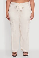Womens Plus Size Linen Tie Waist Belted Cargo Pants, Khaki, Size 2X
