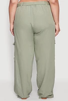 Womens Plus Size Linen Tie Waist Belted Cargo Pants, Green, Size 1X