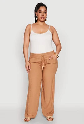 Womens Plus Size Tassel Drawstring Pants, Khaki, Size 3X