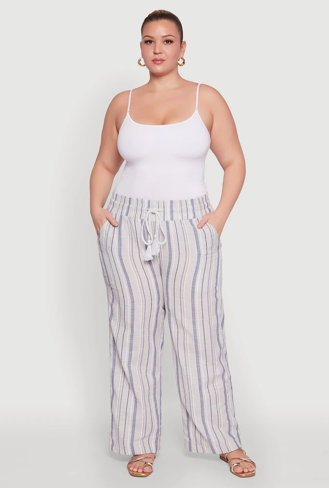 Womens Plus Striped Drawstring Waist Palazzo Pants,