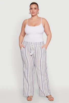 Womens Plus Striped Drawstring Waist Palazzo Pants,
