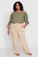 Womens Plus Size Airy High Waisted Palazzo Pants, Khaki, Size 2X