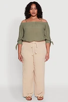 Womens Plus Size Airy High Waisted Palazzo Pants, Khaki, Size 2X