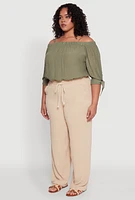 Womens Plus Size Airy High Waisted Palazzo Pants, Khaki, Size 2X