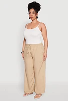 Womens Plus Size Smocked Waist Palazzo Pants, Khaki, Size 2X