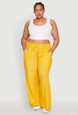 Womens Plus Size Smocked Waist Palazzo Pants, Yellow, Size 1X