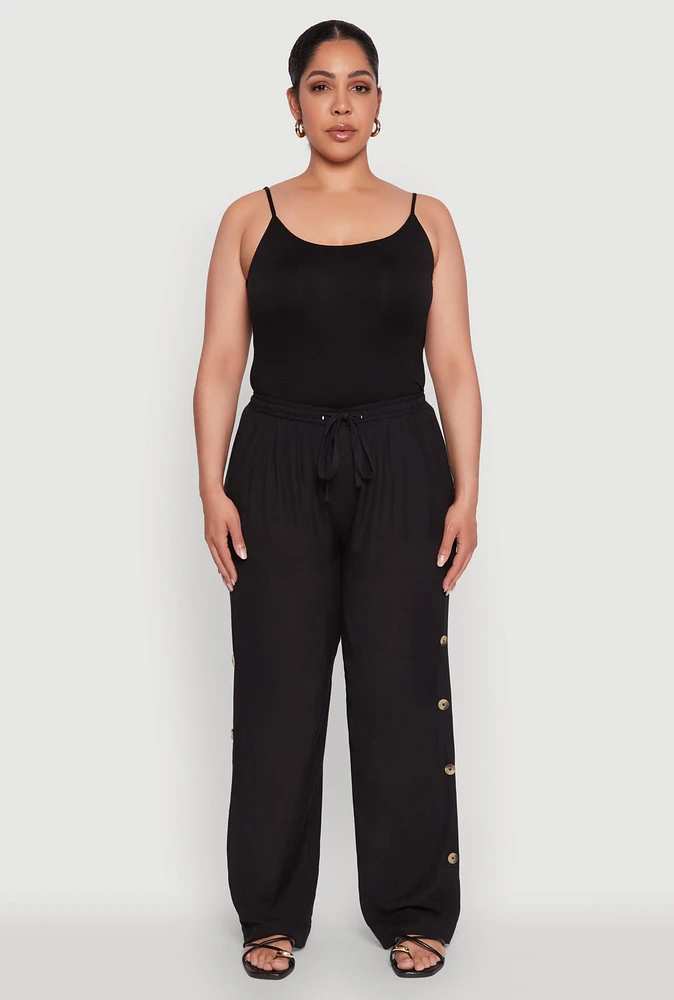 Womens Plus Size Side Button Detail Linen Pants, Black, Size 2X