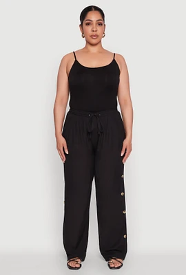 Womens Plus Size Side Button Detail Linen Pants, Black, Size 2X