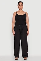 Womens Plus Side Button Detail Linen Pants, Black,