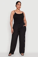 Womens Plus Side Button Detail Linen Pants, Black,