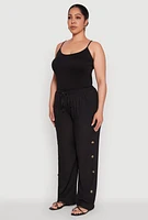 Womens Plus Side Button Detail Linen Pants, Black,