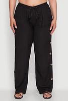 Womens Plus Size Side Button Detail Linen Pants, Black, Size 2X
