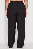 Womens Plus Side Button Detail Linen Pants, Black,