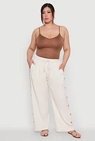 Womens Plus Size Side Button Detail Linen Pants, Khaki, Size 3X