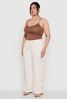 Womens Plus Size Side Button Detail Linen Pants, Khaki, Size 3X