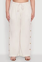 Womens Plus Size Side Button Detail Linen Pants, Khaki, Size 3X
